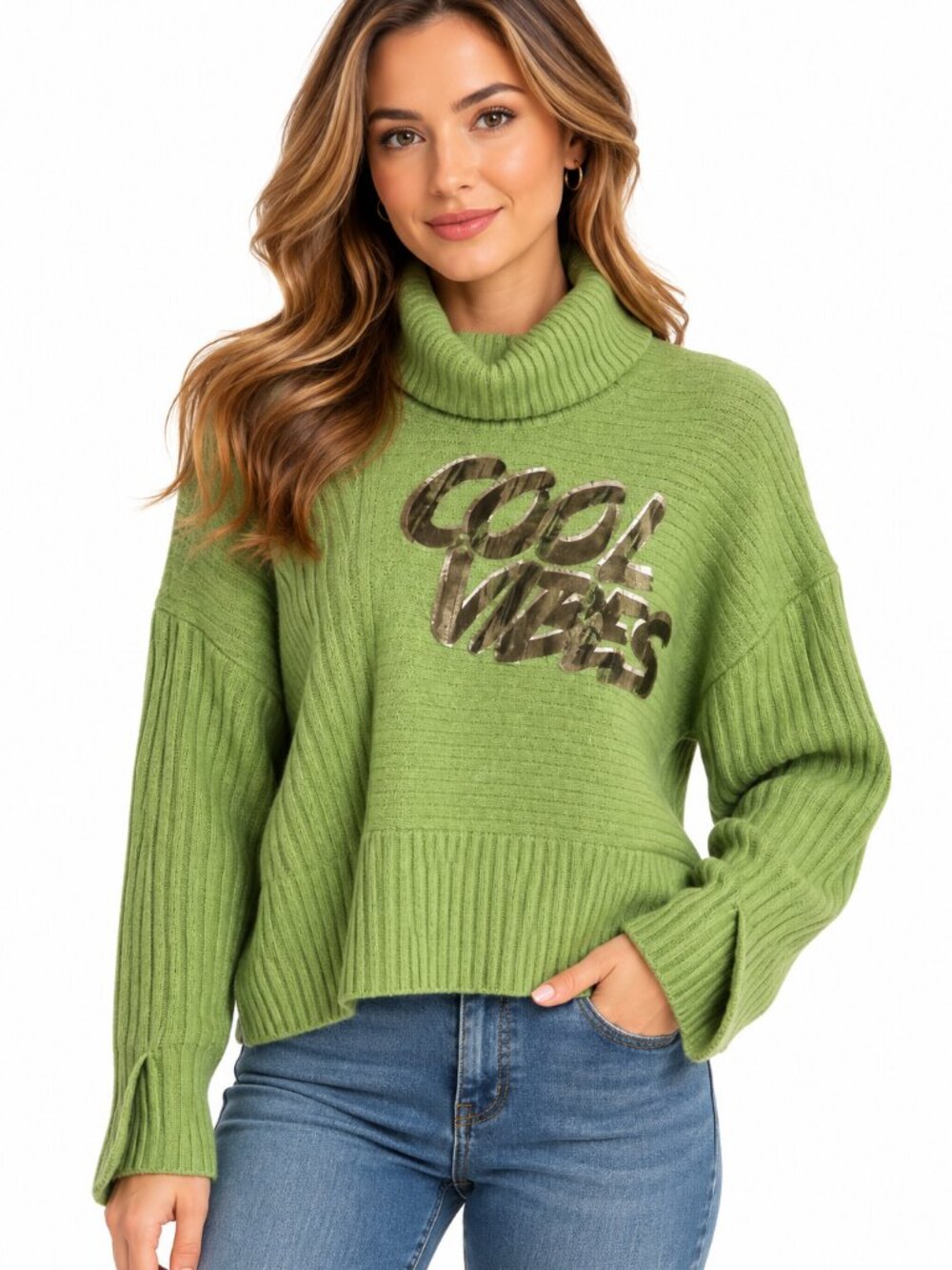 Tricot Chic Made in Italy Green Turtleneck Sweater Cool Vibes Size 8 / M